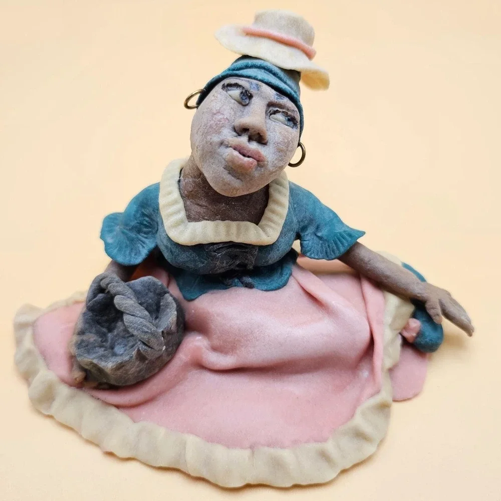 Artisan Signed Limited Edition Figurine Woman Basket Straw Hat Handcrafted RARE